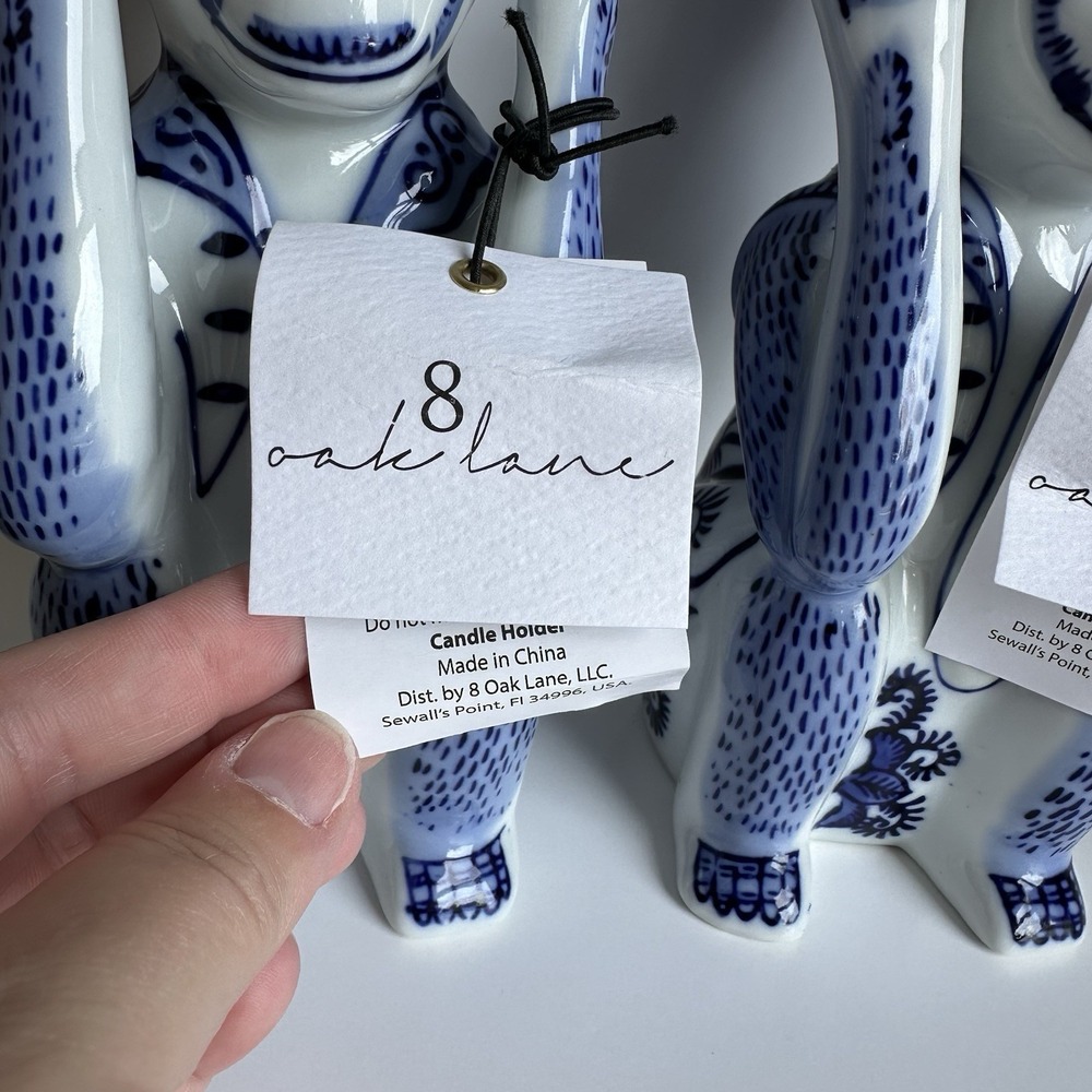 NWT 8 Oak Lane Blue White Porcelain Chinoiserie Monkey Candlestick Set 9 Inch - Picture 7 of 12